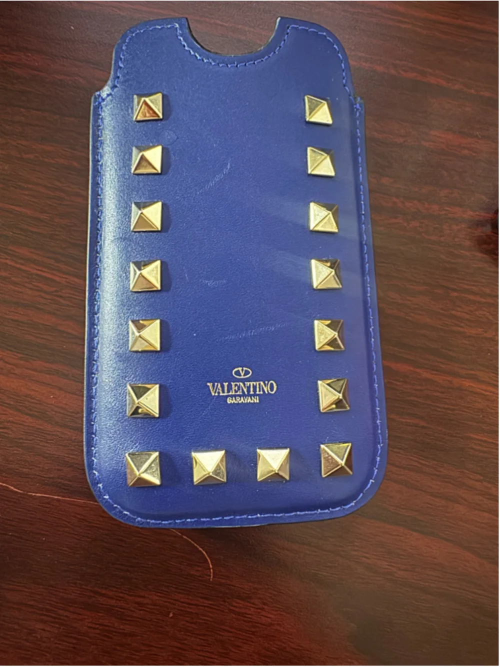 Valentino Garavani Blue Rockstud Leather Phone Sleeve Pouch Made in Italy